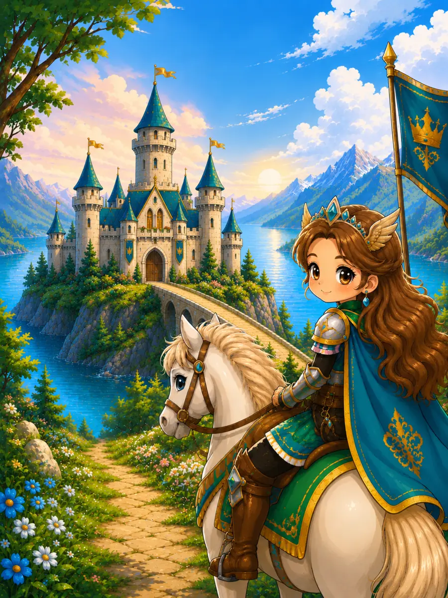 Warrior princess riding a white horse toward a lakeside castle